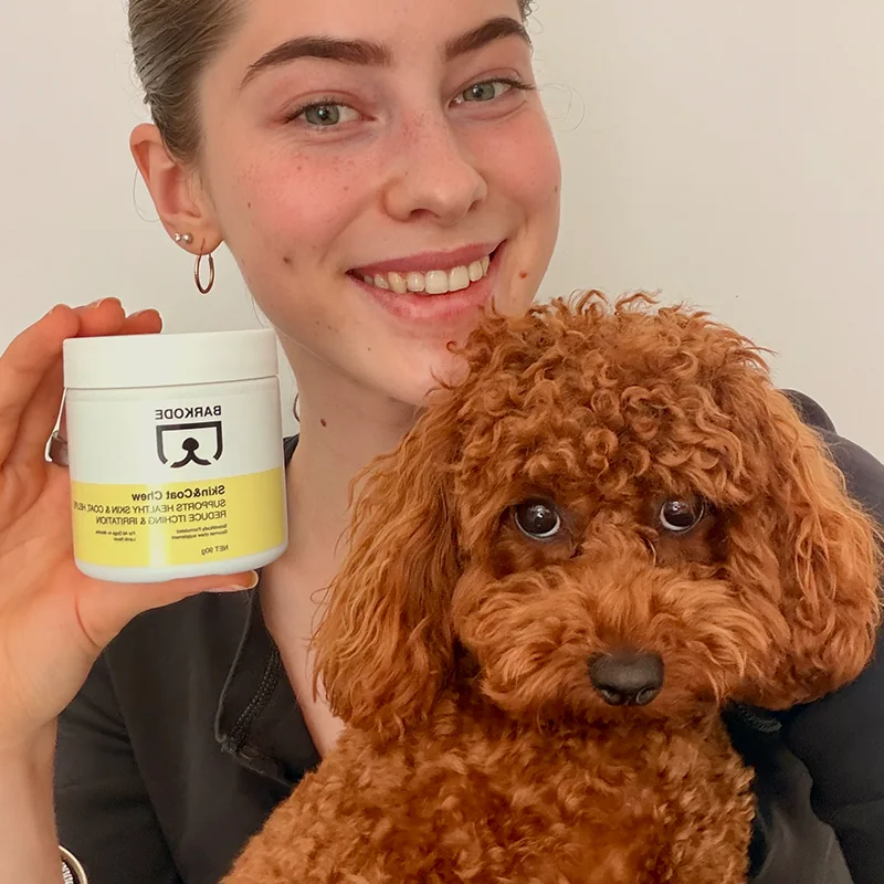 Majiteľka drží dózu Skin & Coat Chew vedľa svojho červeného trpasličieho pudla
